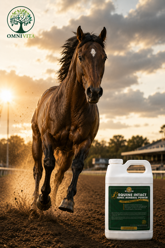 Equine Intact™ jug beside a galloping horse on a racetrack at golden hour, with the OmniVita logo
