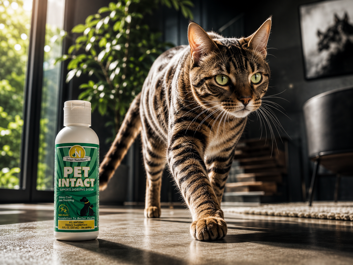 Tabby cat indoors with Pet Intact