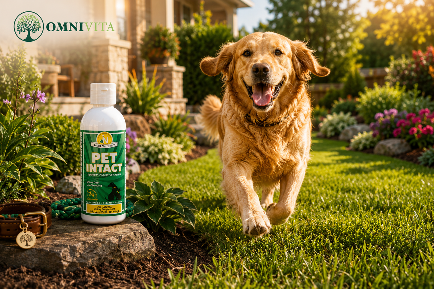 Golden retriever in a garden with Pet Intact