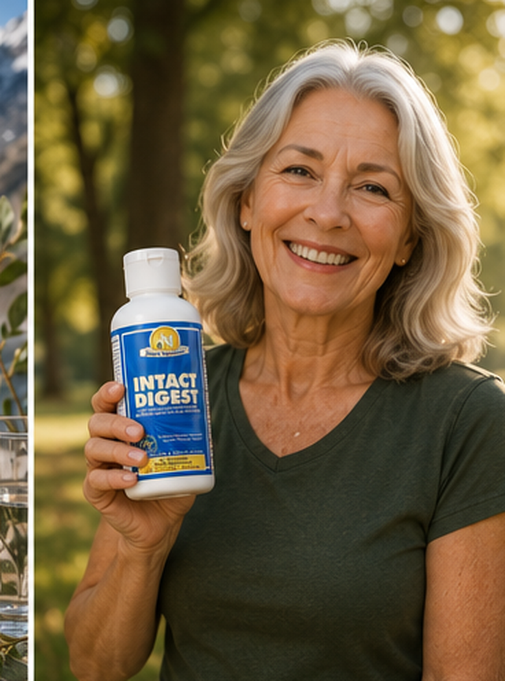 Smiling woman holding Intact Digest in a park