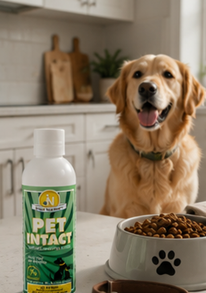 Golden retriever beside Pet Intact and a food bowl