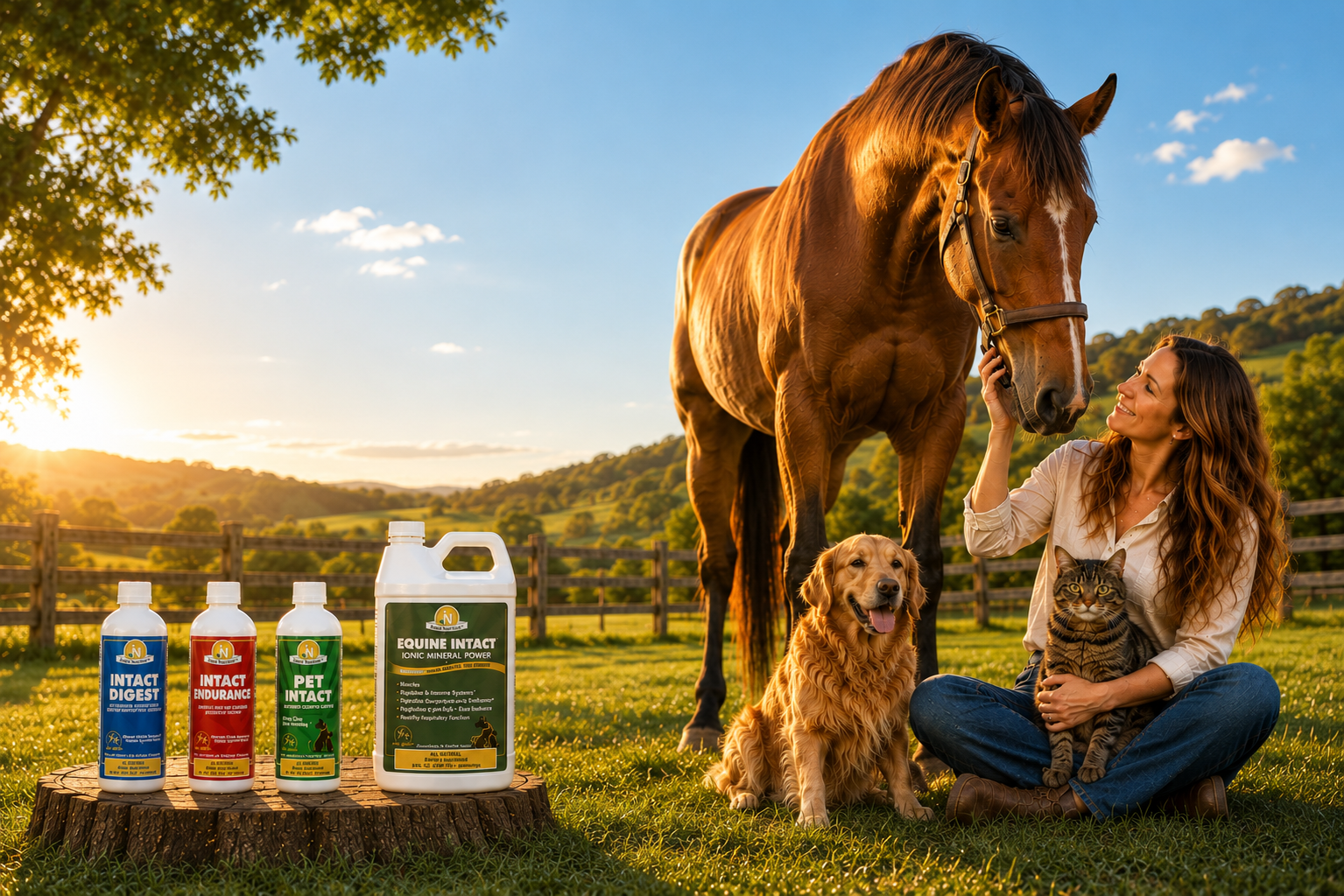 The full OmniVita Intact line outdoors with a horse, dog and cat