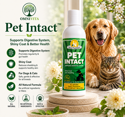 Pet Intact™ benefits graphic with OmniVita logo: bottle with a golden retriever and tabby cat, noting digestive support, shiny coat, dog and cat use, and all-natural formula
