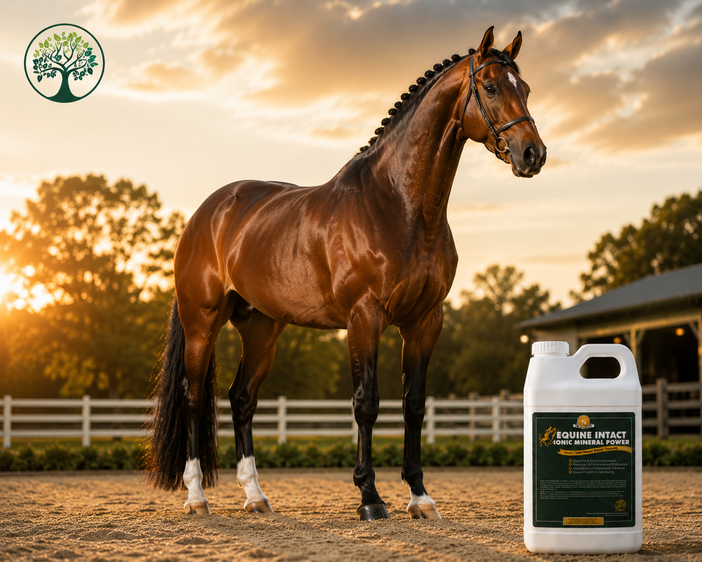 Show horse beside Equine Intact at a white fence